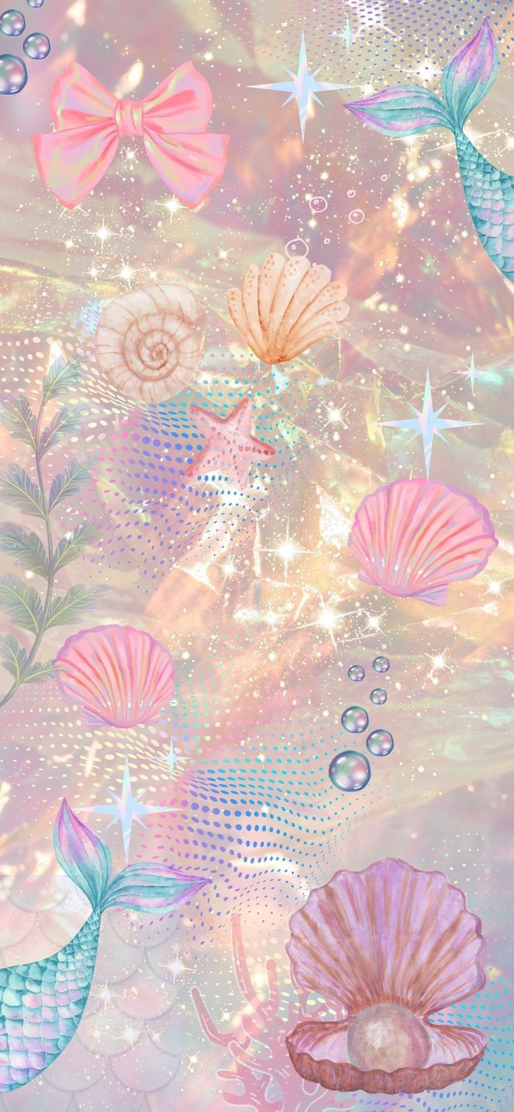 an image of mermaid themed wallpaper with pink and blue shells, stars and bubbles