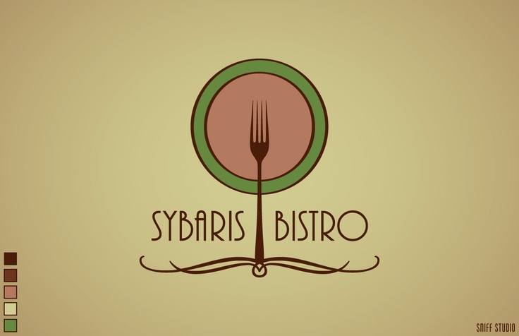 the logo for sybaris bistro is shown in brown, green and pink