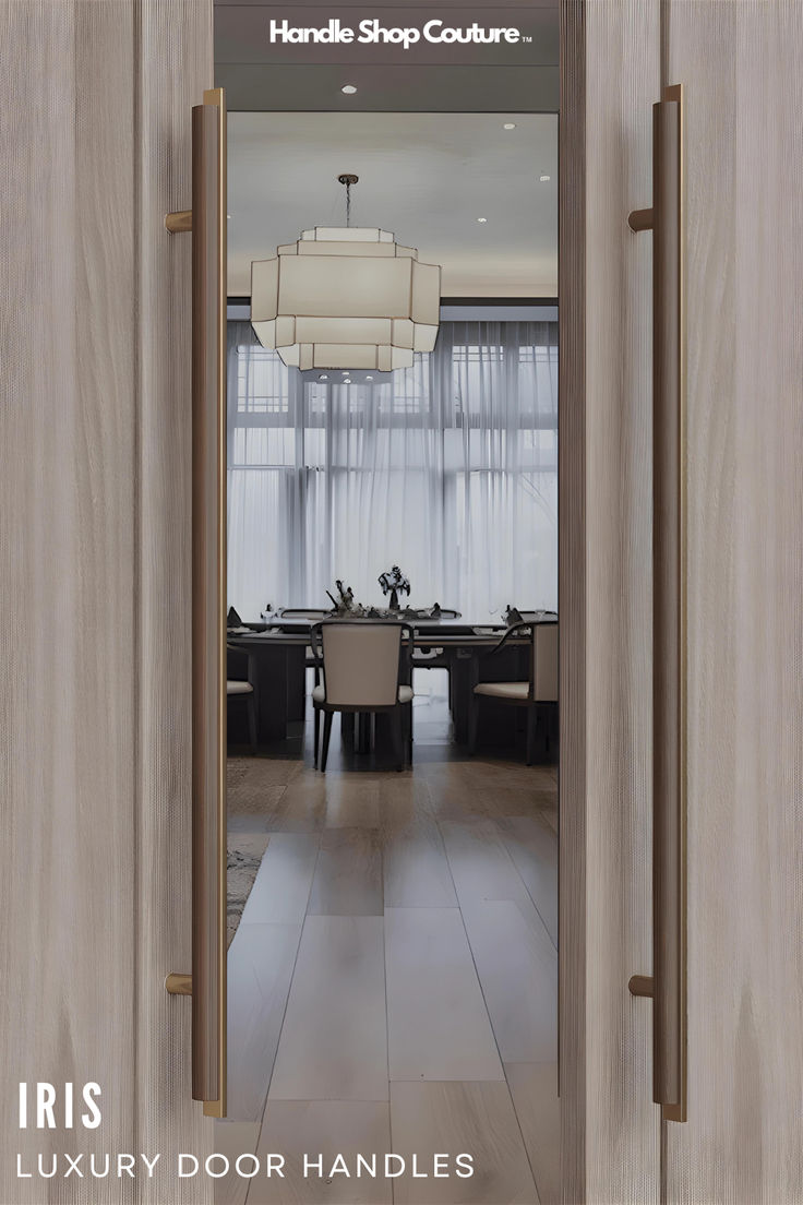 an open door leading to a dining room with chairs and table in the background that reads iris luxury doors handles