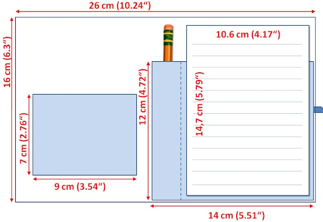 a blue notebook with a pencil sticking out of it and measurements for each page in the book