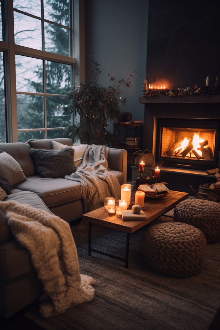 a living room filled with furniture and a fire place in front of a large window