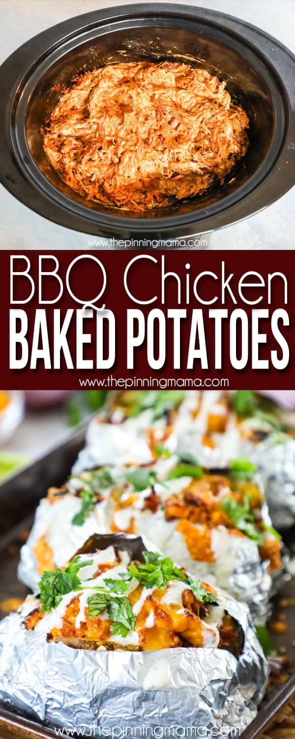 bbq chicken baked potatoes in an air fryer with text overlay that reads, how to make bbq chicken baked potatoes