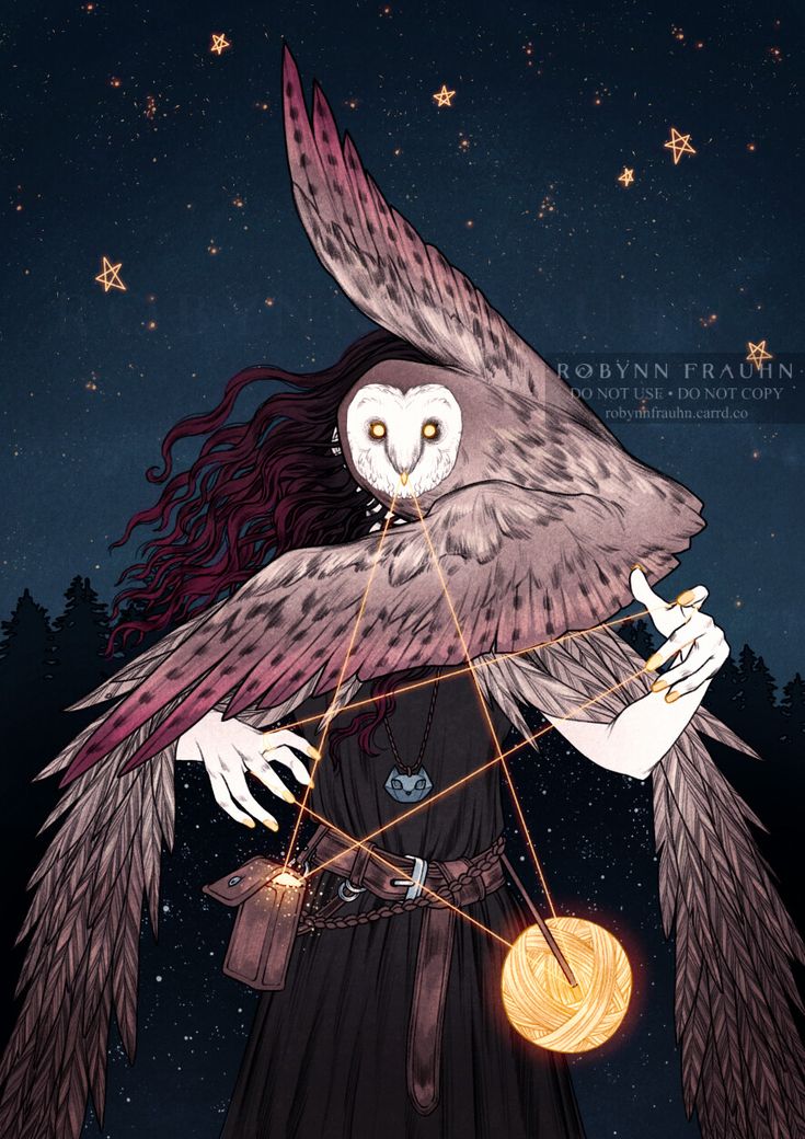 an owl with long red hair holding a golden orb in it's hand and wearing a black dress