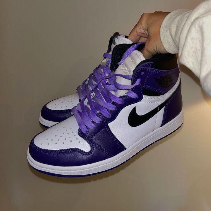 Barely Worn, No Creases, Mint Condition Defects: Small Amount Of Dirt On The Heel Only Comes With Purple Laces Willing To Negotiate And Ships Same Week Currently On Stockx Going For $180 Min Fits Women's 9.5 Jordan 1s High, Air Jordan 1s, Jordan 1s, High Court, Purple Shoes, Purple Lace, Jordans For Men, Jordan Shoes, Mens Shoes Sneakers