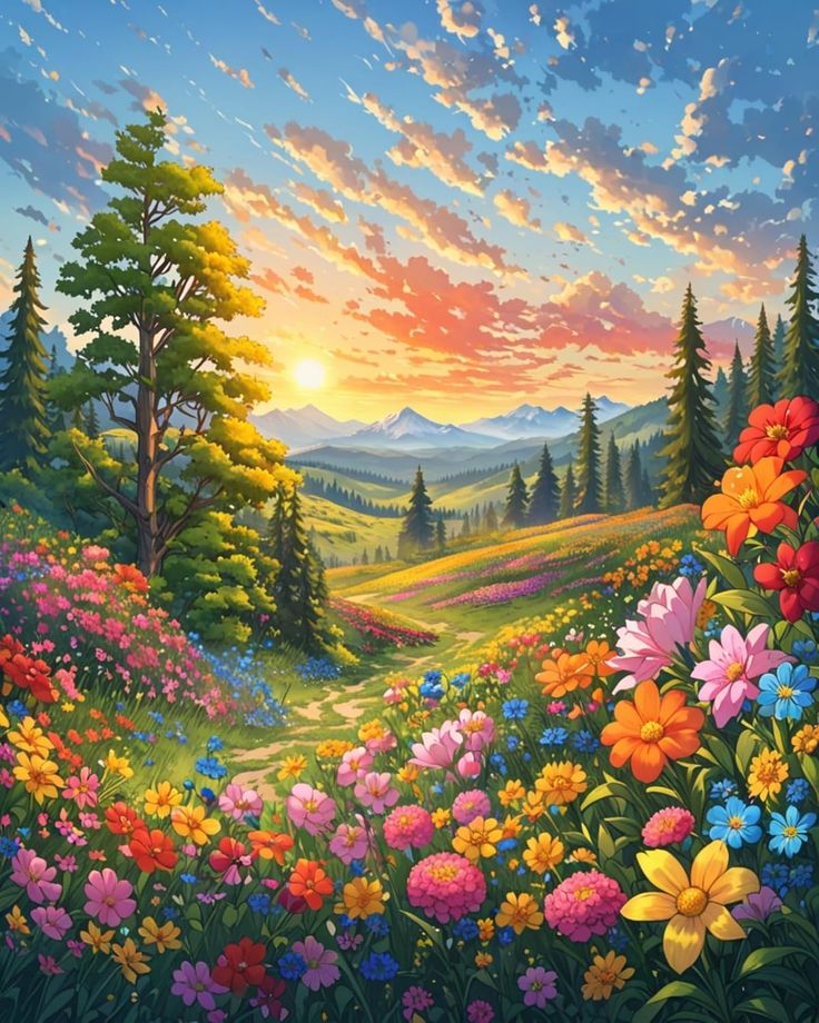 a painting of flowers and trees with the sun setting in the sky behind them,