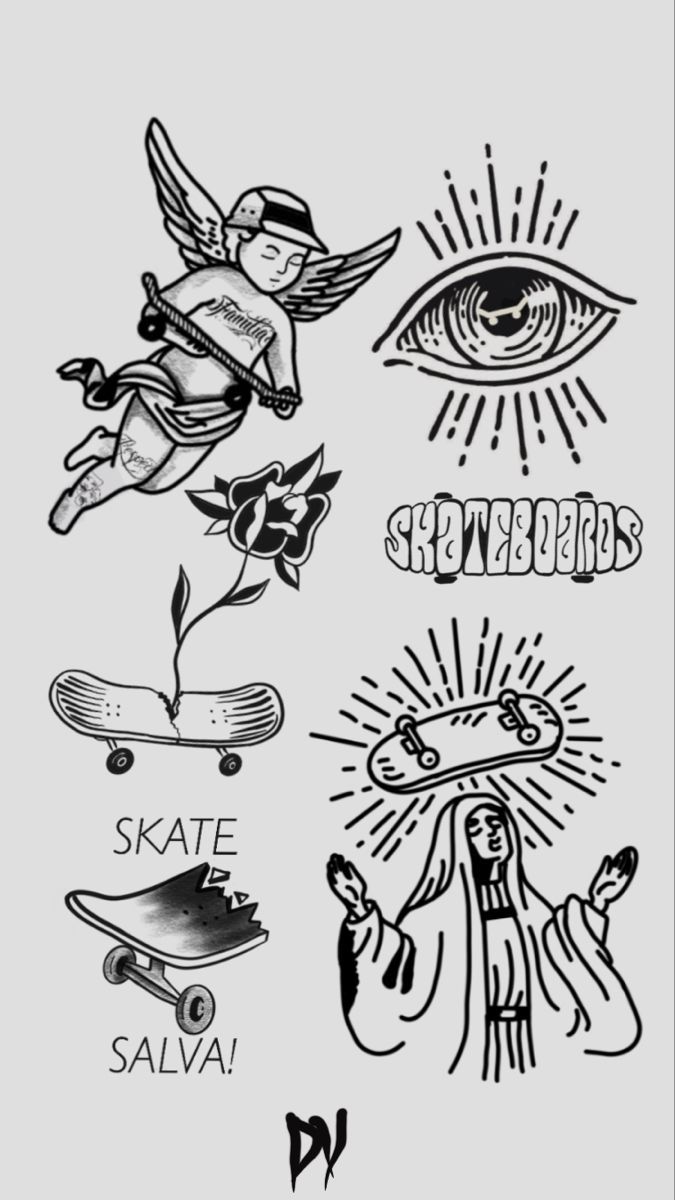 several different types of tattoo designs on a white background, including an eye and skateboard