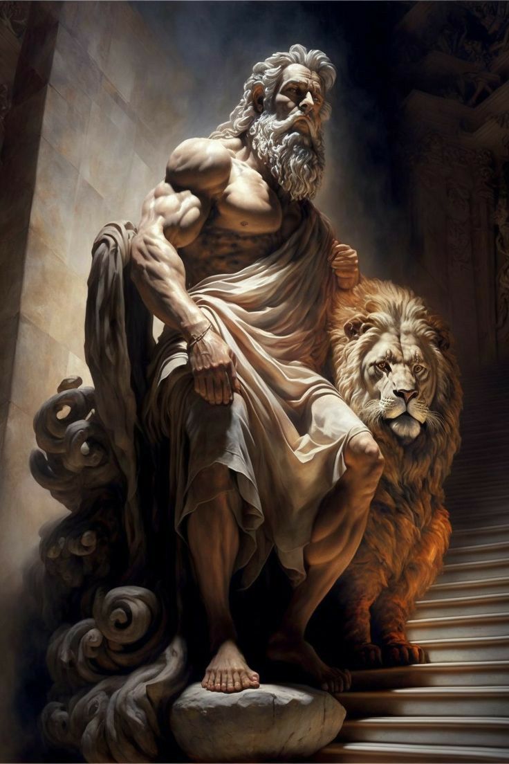 a painting of a man sitting on top of a lion next to a stone staircase