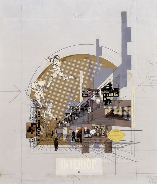 an abstract collage with people walking and buildings in the background, including one man