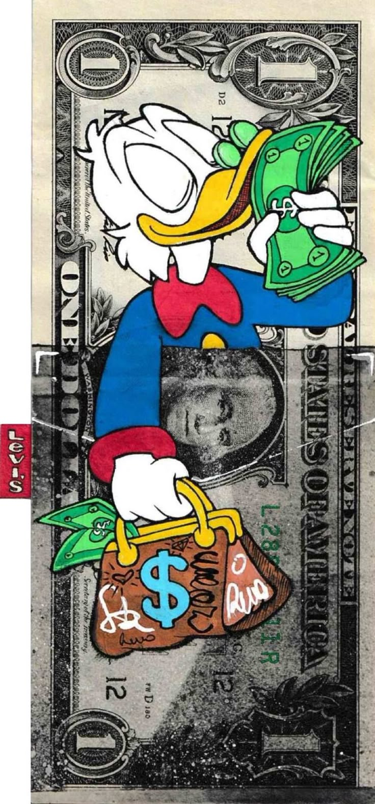 a drawing of a cartoon character holding money and a purse on top of a dollar bill