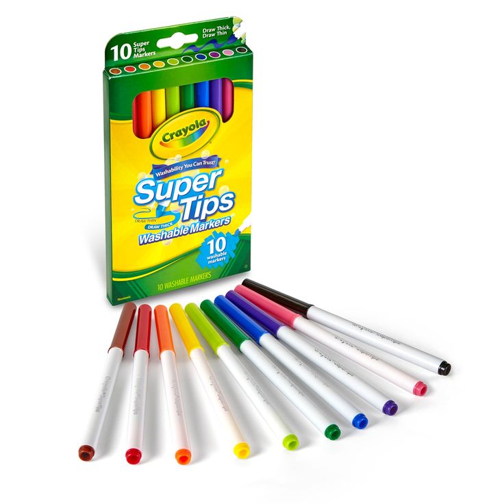 a box of crayon super tips markers with 10 colors in each pack on the front