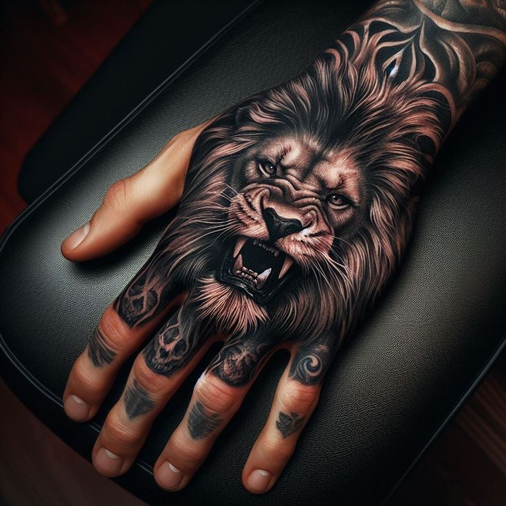 a man's hand with a lion tattoo on it