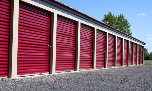 several red storage units lined up in a row