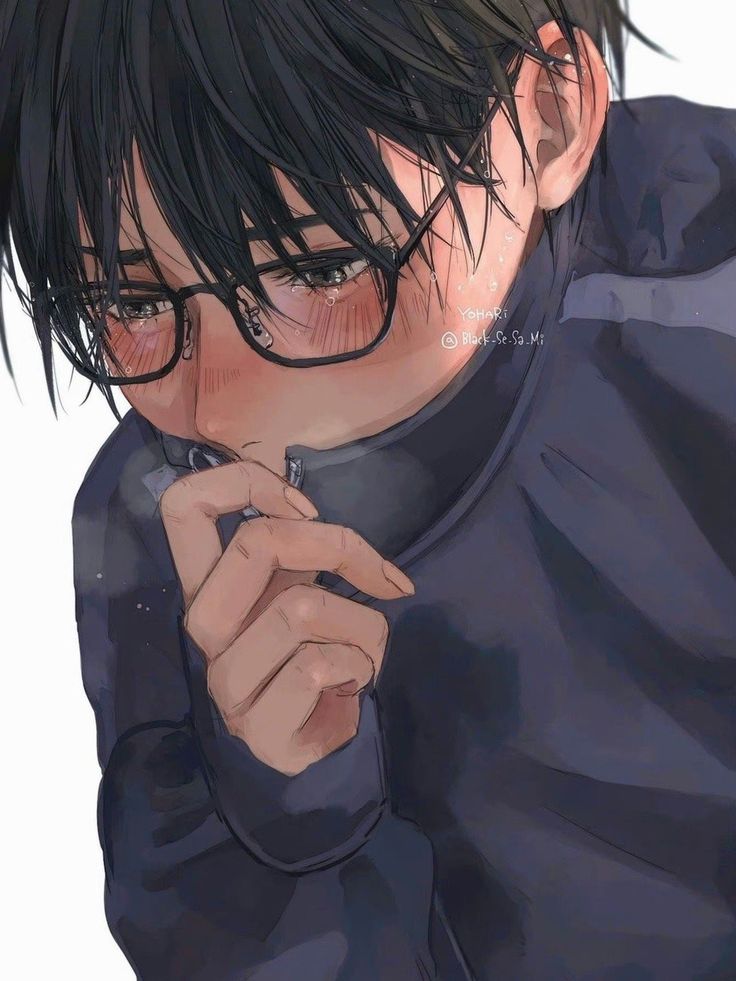 an anime character with black hair and glasses is holding his hand to his mouth while looking at the camera