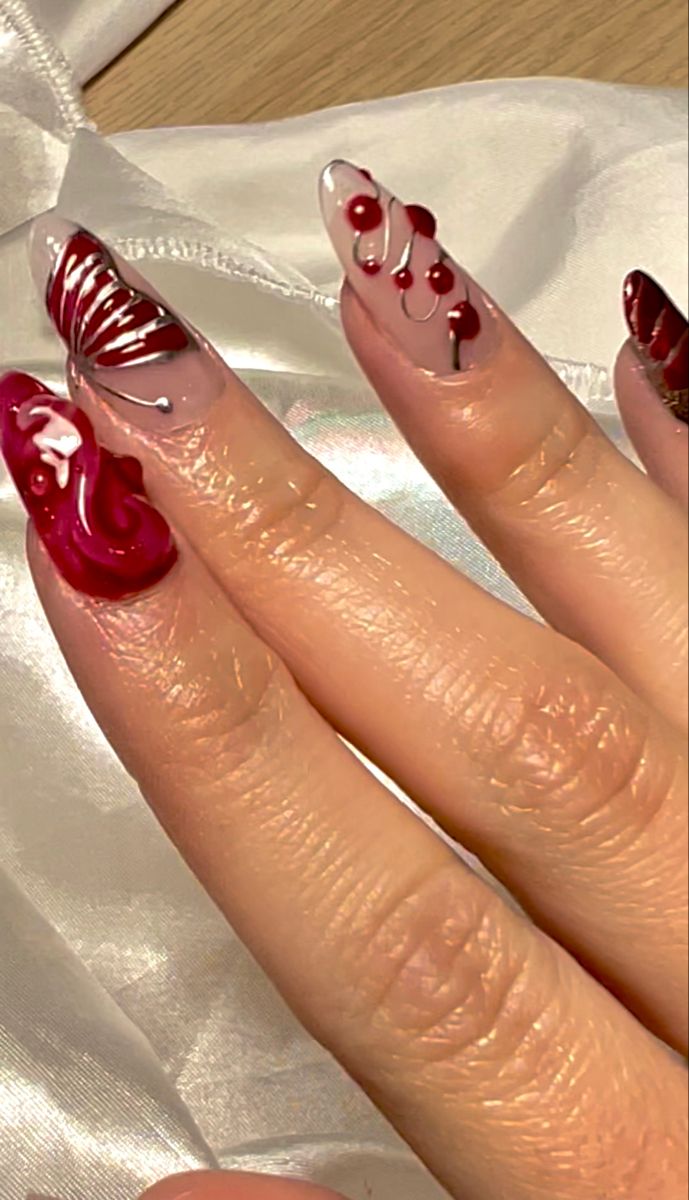 Nails / ongles 3D chrome red Chrome And Red Nails Designs, Red 3d Nail Art, Pink And Red Chrome Nails, 3d Red Nails, Red 3d Nails, Red And Chrome Nails, Trending Red Nails, Red Airbrush Nails, Chrome Valentine Nails