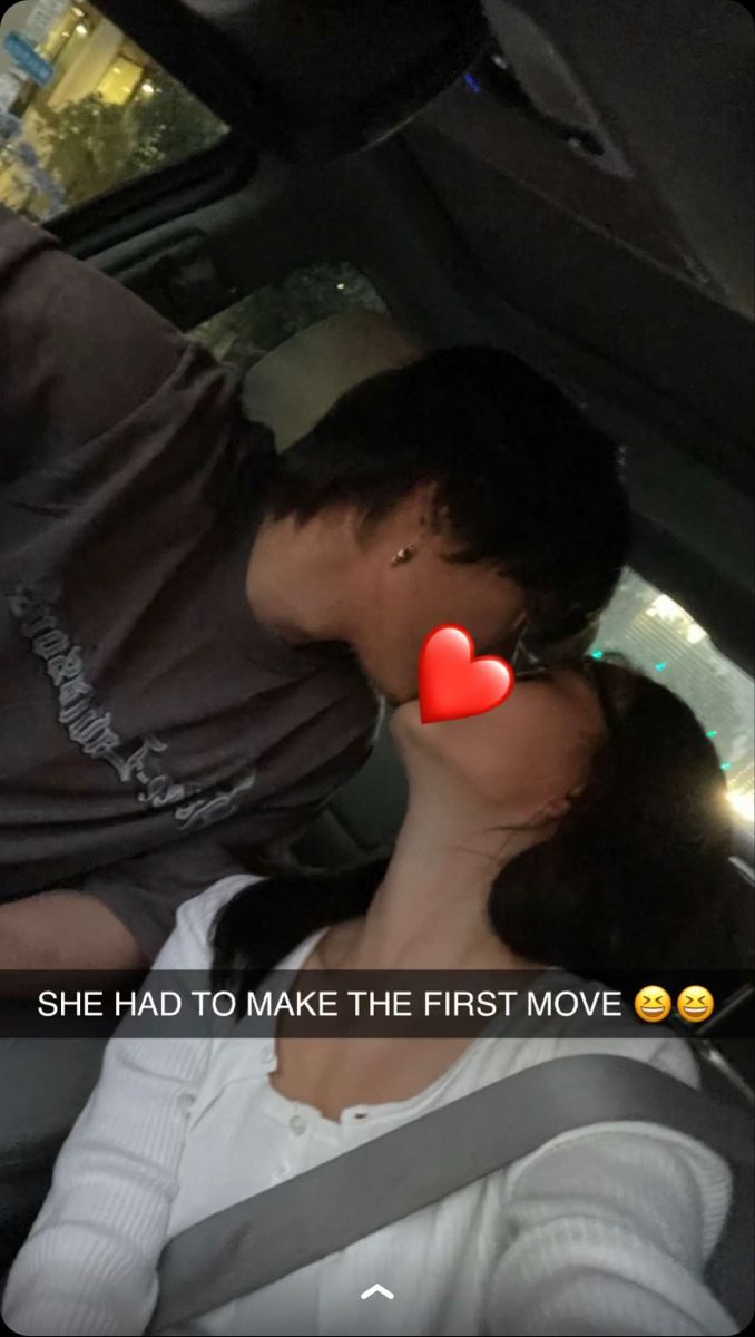 a man and woman kissing in the back seat of a car with text that reads, she had to make the first move