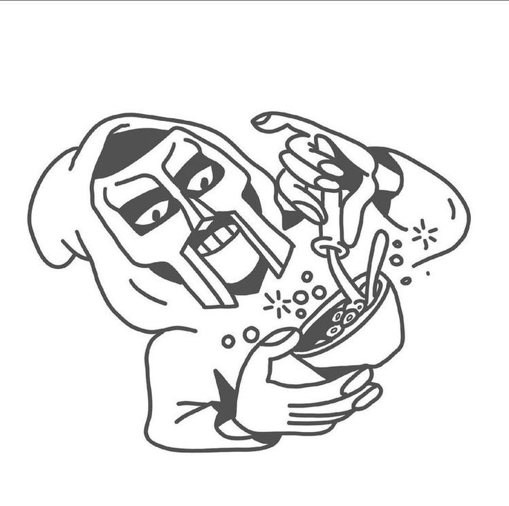 a black and white drawing of a person holding something in their hand with his mouth open