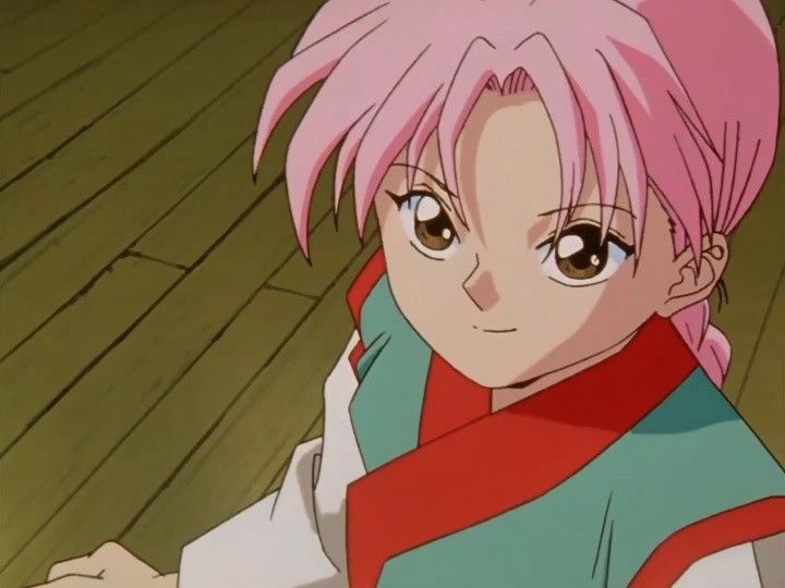 an anime character with pink hair wearing a red and blue scarf, looking at the camera