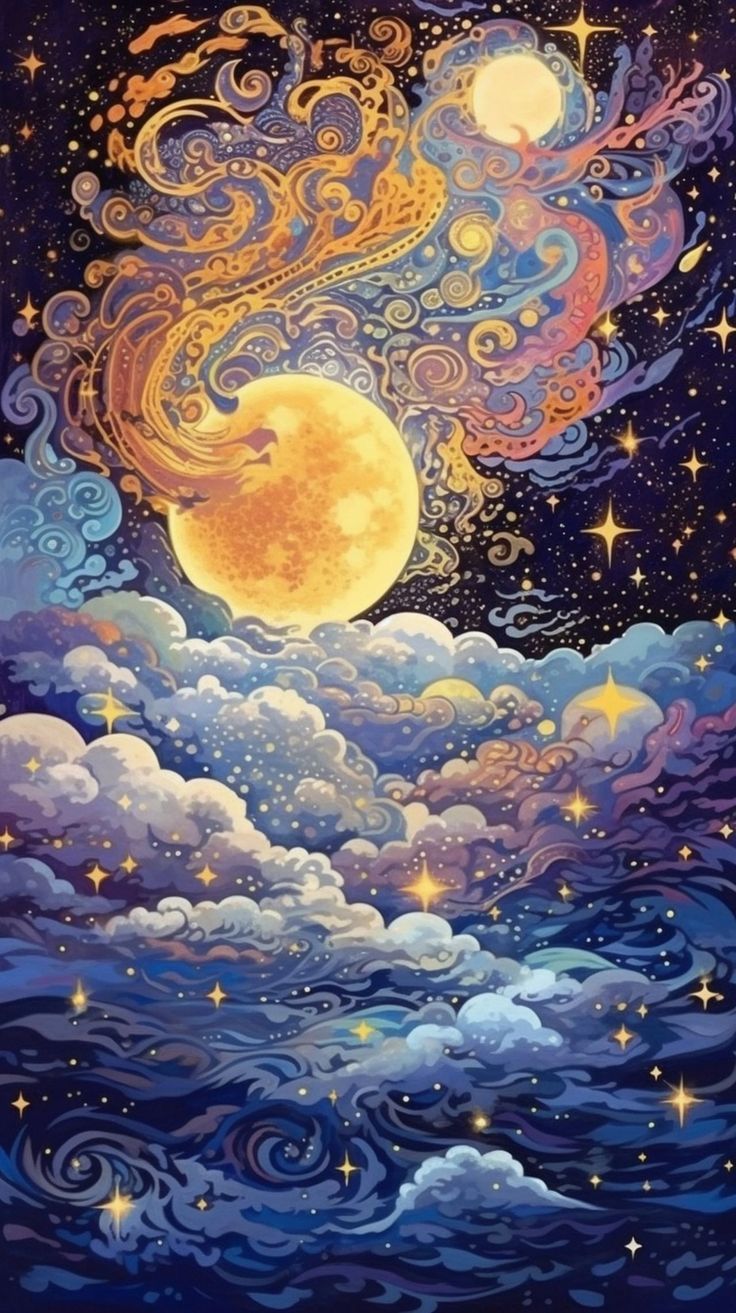 a painting of the moon and stars in the night sky above water with clouds on it