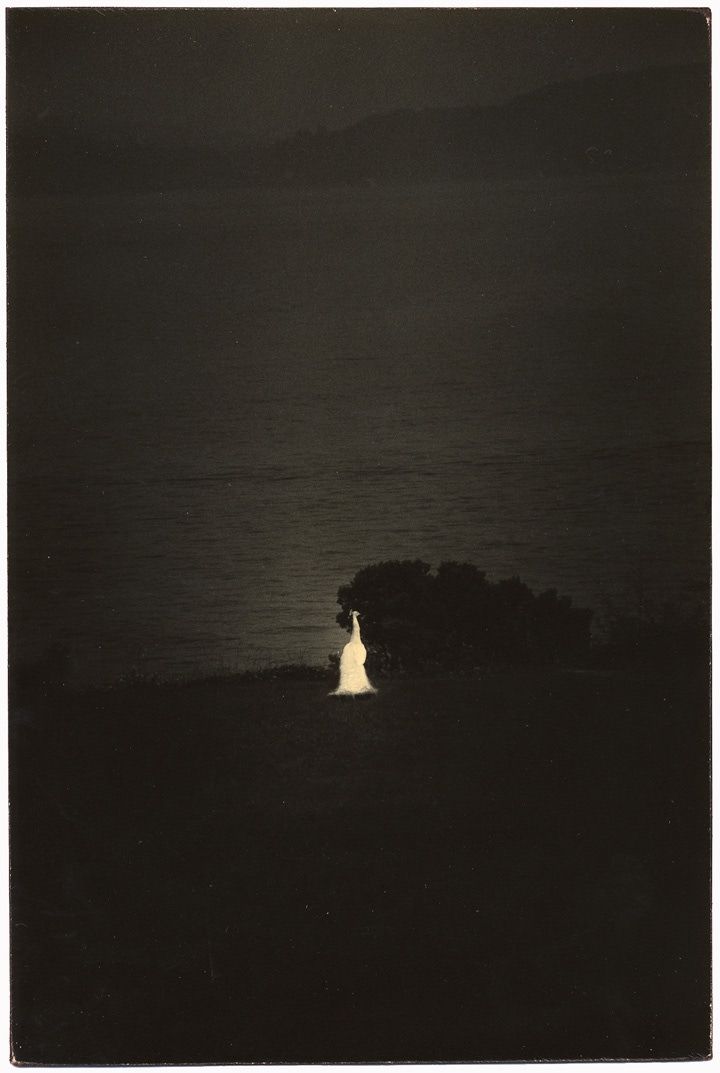 a person standing on top of a hill next to the ocean in front of a dark sky