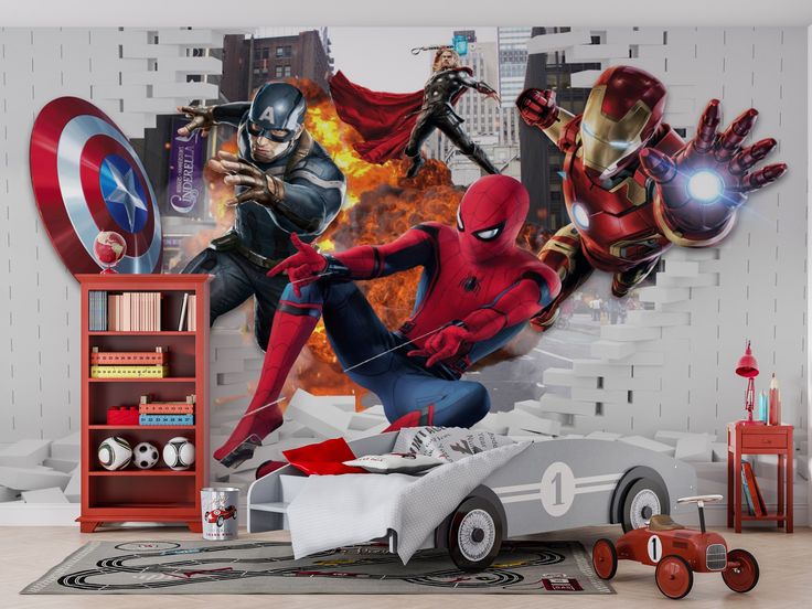 the avengers and spider - man wall mural in a child's bedroom