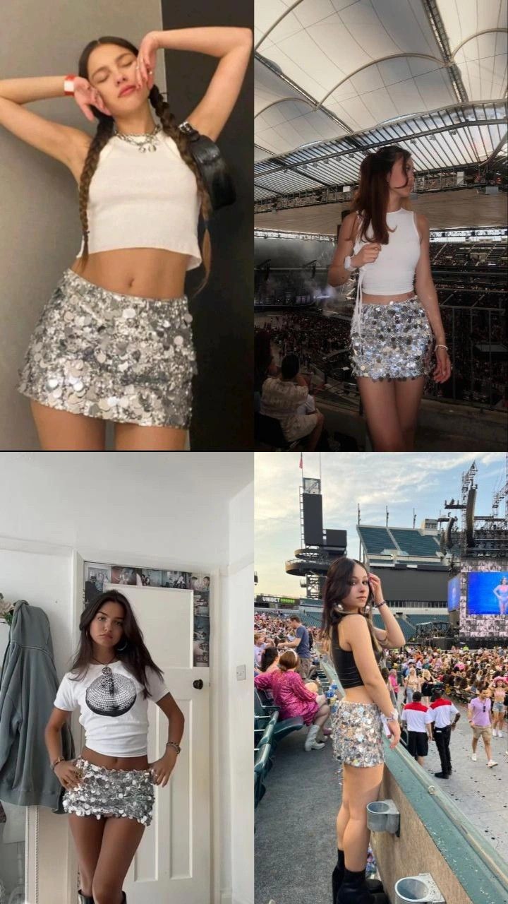 Sparkly Skirt Concert Outfit, Concert Fits Olivia Rodrigo, Drivers Era Concert Outfit, Eras Tour Outfits Sequin Skirt, Eras Tour Outfit Ideas Mirrorball, Ts Concert Outfit, Swift Concert Outfit Ideas, Metallic Concert Outfit, The Driver Era Concert Outfit Ideas