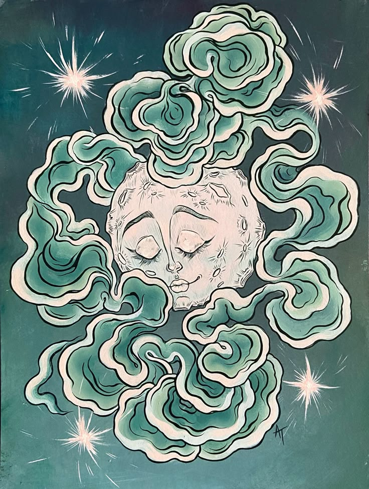 a drawing of a woman's face surrounded by clouds and stars