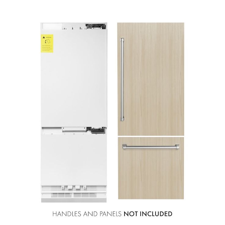 ZLINE 30 in. 16.1 cu. ft. Panel Ready Built-In Bottom Freezer Refrigerator with Water Dispenser and Ice Maker (RBIV-30) front, refrigeration unit next to panels and handles. Text: Handles and panels NOT included. Panel Ready Refrigerator, Refrigerator Panels, Zline Kitchen, Fridge Drawers, Pantry Drawers, Fridge Shelves, Bottom Freezer Refrigerator, Built In Refrigerator, Counter Depth