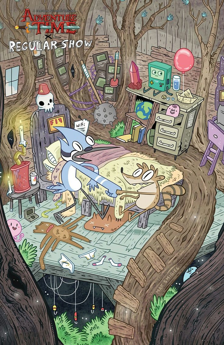 an image of a cartoon scene with cats and dogs sleeping in the woods on a bed