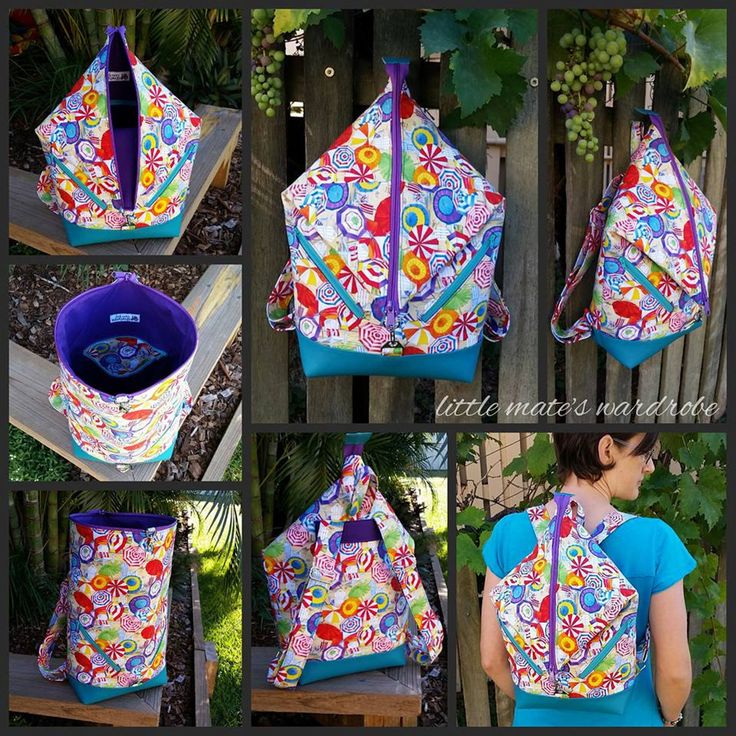 several pictures of the back of a backpack with different patterns and colors on it, including blue