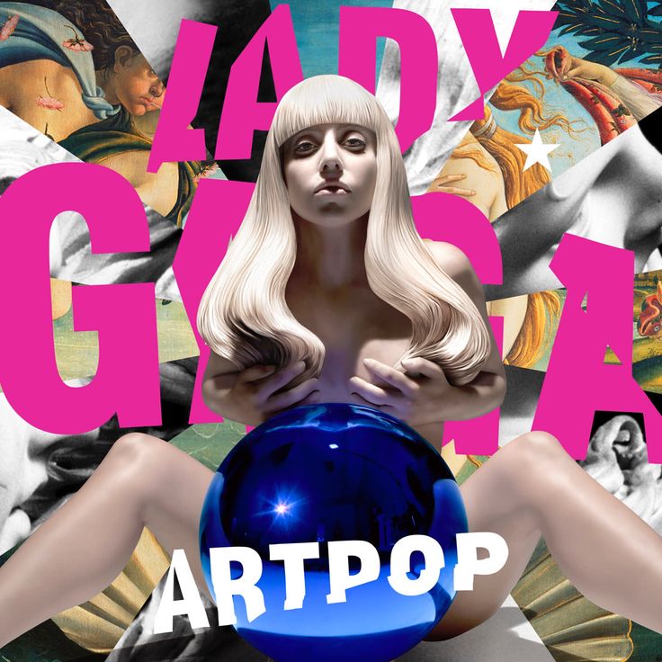 a woman sitting on top of a blue ball in front of an artpop poster