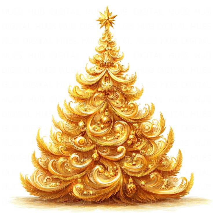 a golden christmas tree with swirls and stars on it's top is shown