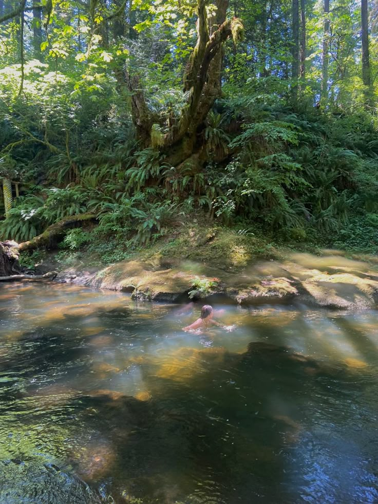 a person swimming in a river surrounded by trees and rocks with sunbeams on the water