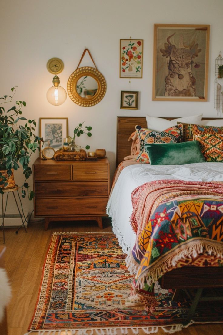 a bed room with a neatly made bed and lots of pictures on the wall above it