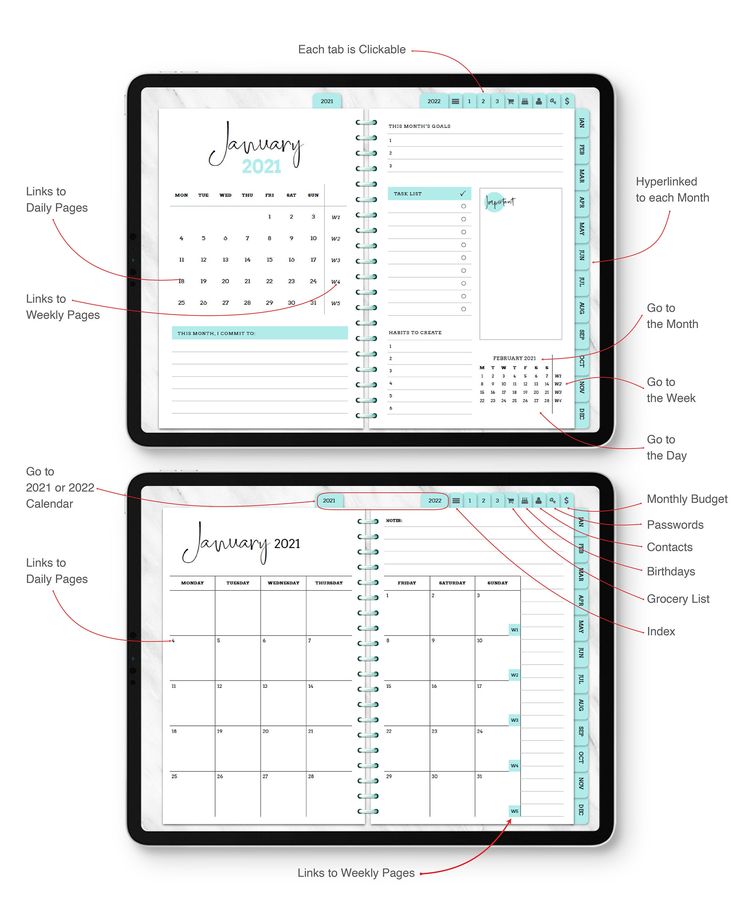 two black and white planner pages with the words, january to december written on them