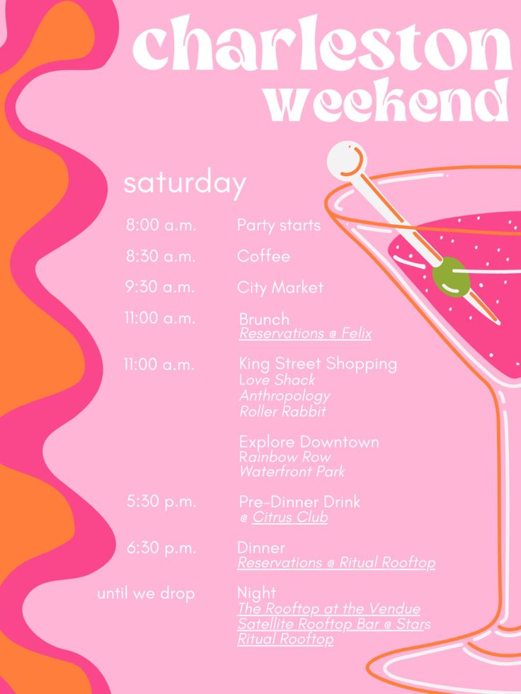 the charleston weekend flyer is shown with a pink cocktail in a coupe glass and garnishes