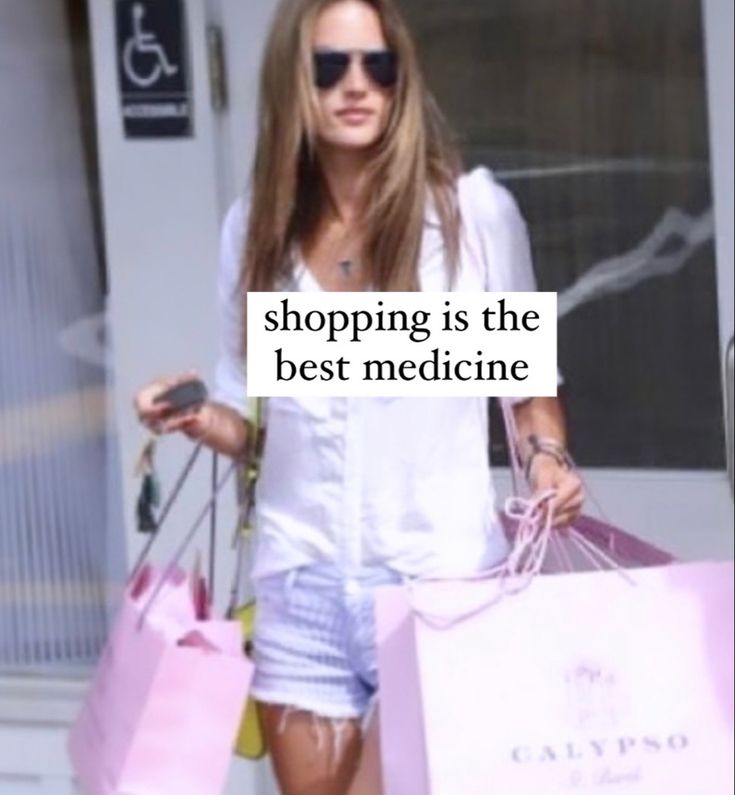 a woman carrying shopping bags with the words shopping is the best medicine