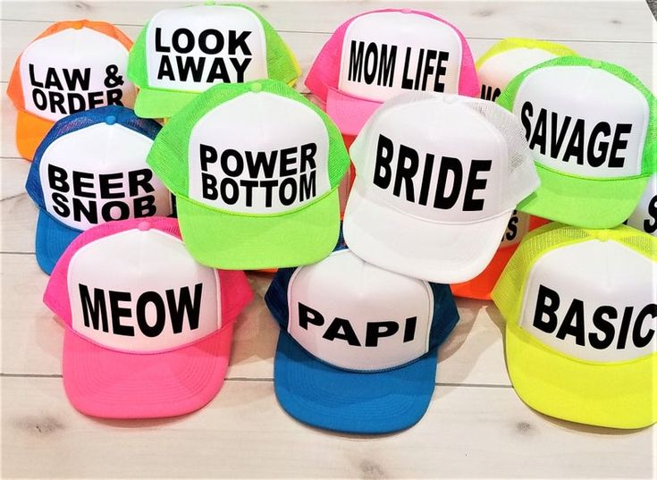 six hats with the words squad, squad, squad and squad written on them in different colors