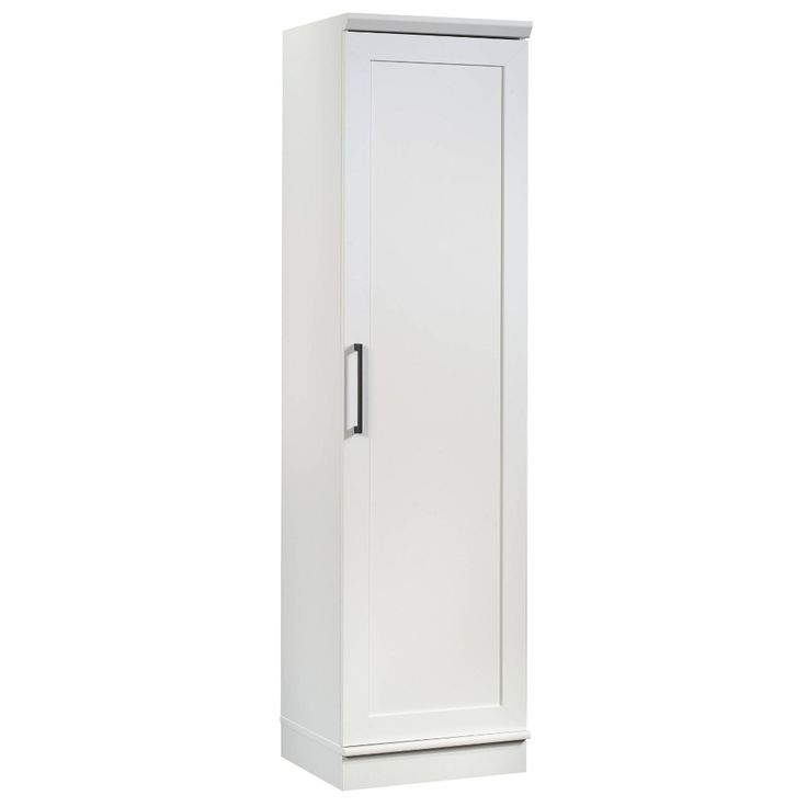 a tall white cabinet with an open door on the front and bottom shelf, against a white background