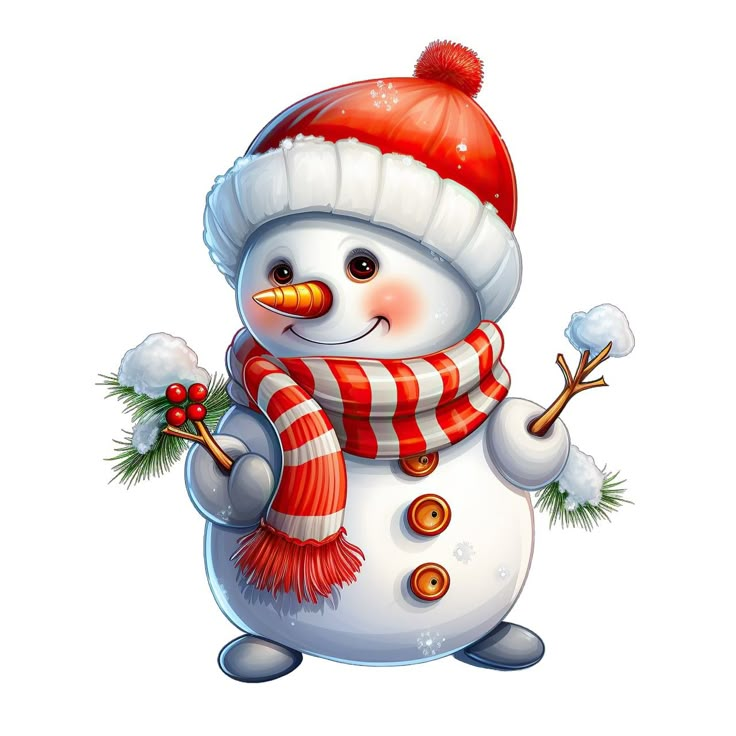 a snowman wearing a red and white striped scarf, hat, and scarf around his neck