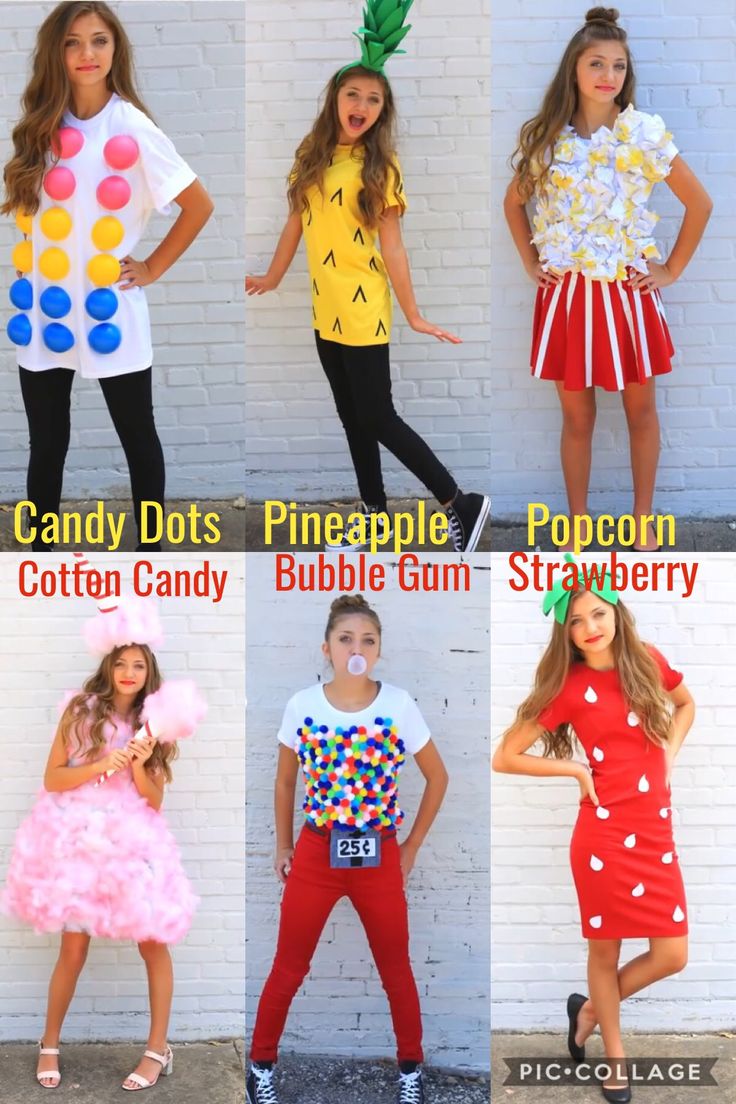 four girls in costumes that include candy, pineapple, popcorn, cotton candy and bubble gum