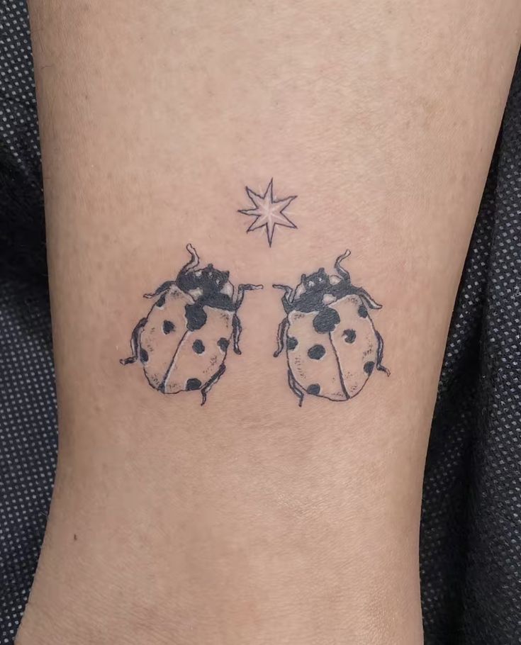 a ladybug tattoo on the ankle with a star in the sky above it