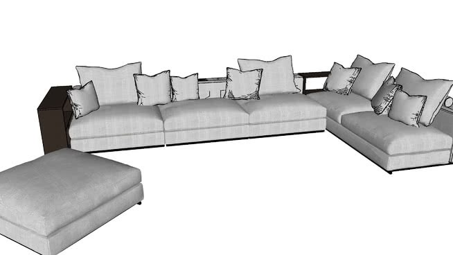 a couch and ottoman are shown with pillows on the top one is gray, while the other is white