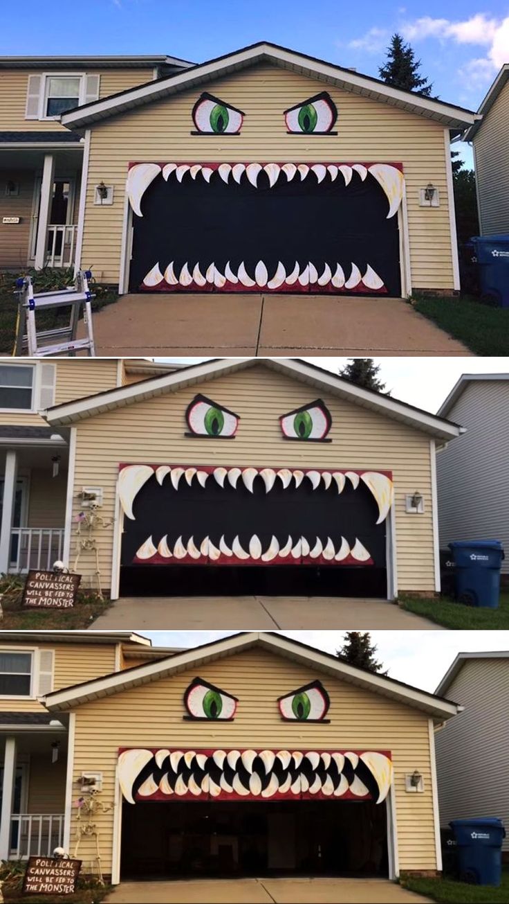 two pictures of a garage with monster's teeth painted on the front and side