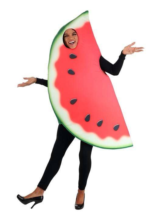 a woman in a watermelon costume is holding a large piece of fruit on her back