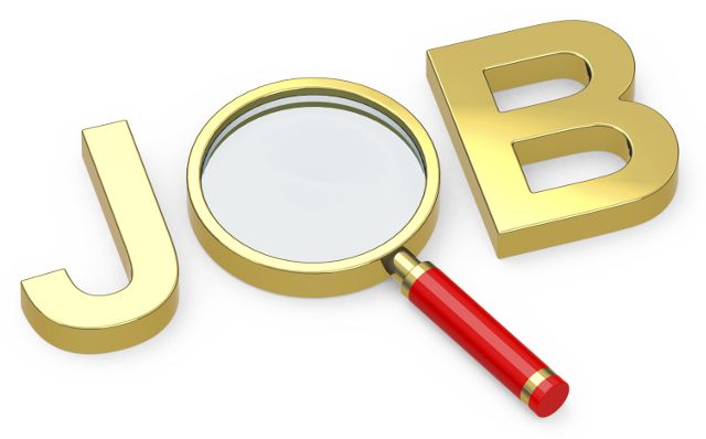 a magnifying glass sitting next to the word job on top of a gold letter