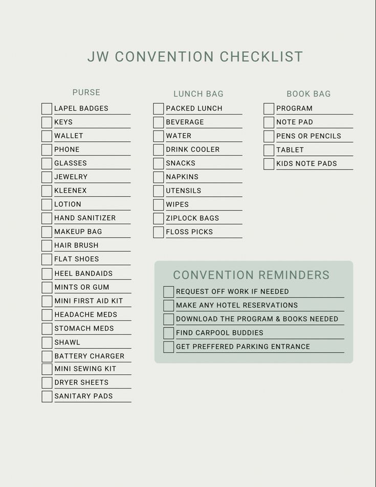 the jw convention checklist is shown in green and white, with information about each event