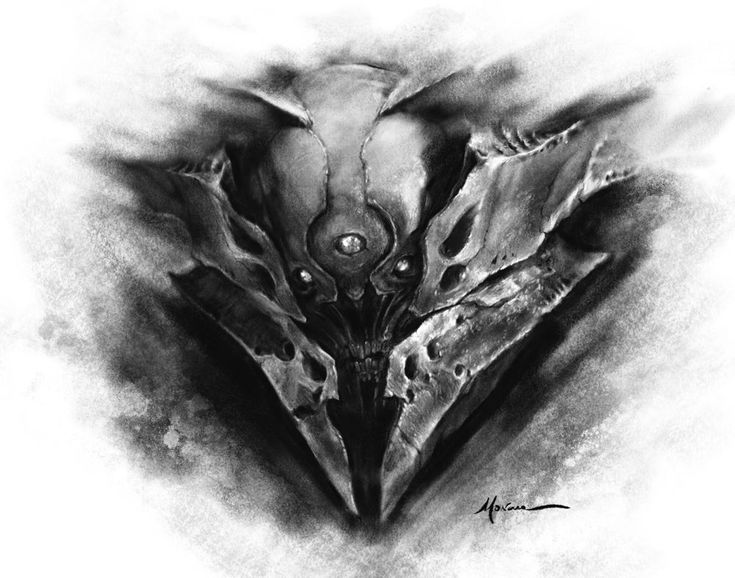 a black and white drawing of an alien head