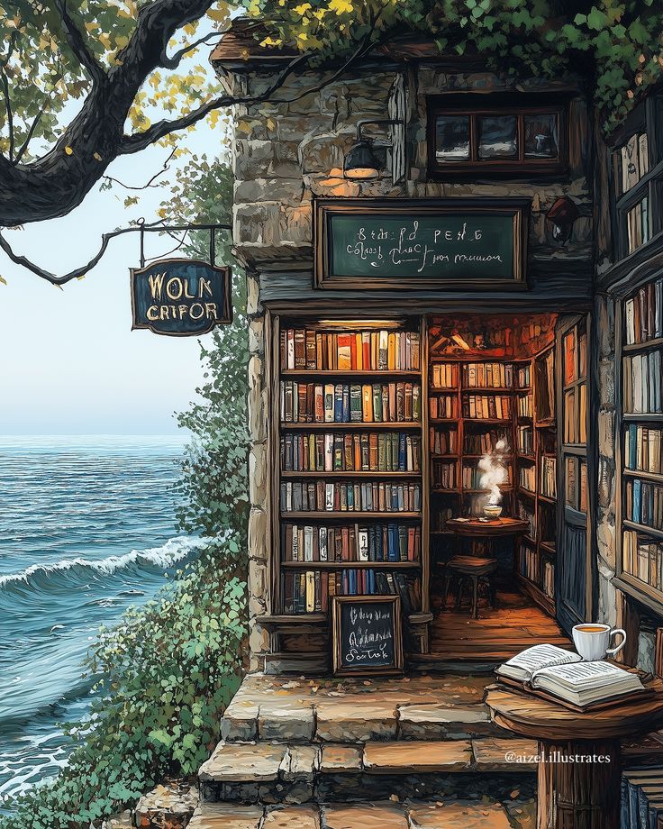 a painting of a bookshelf by the ocean with an open book on it