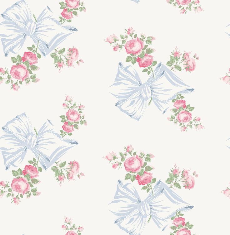 a white wallpaper with pink flowers and bows