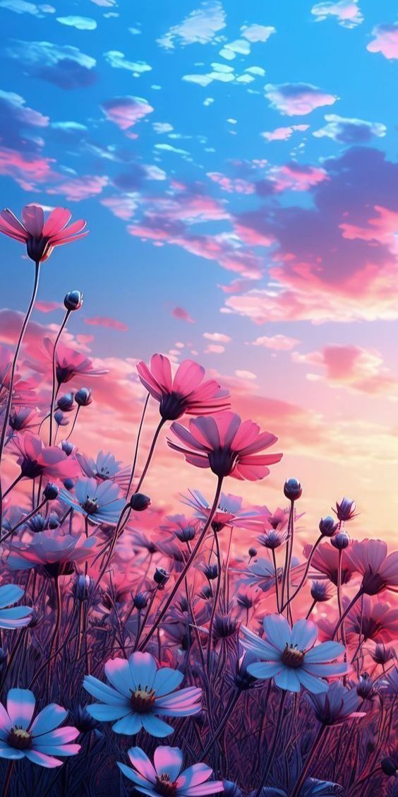 pink and white flowers in front of a blue sky with clouds at sunset or dawn